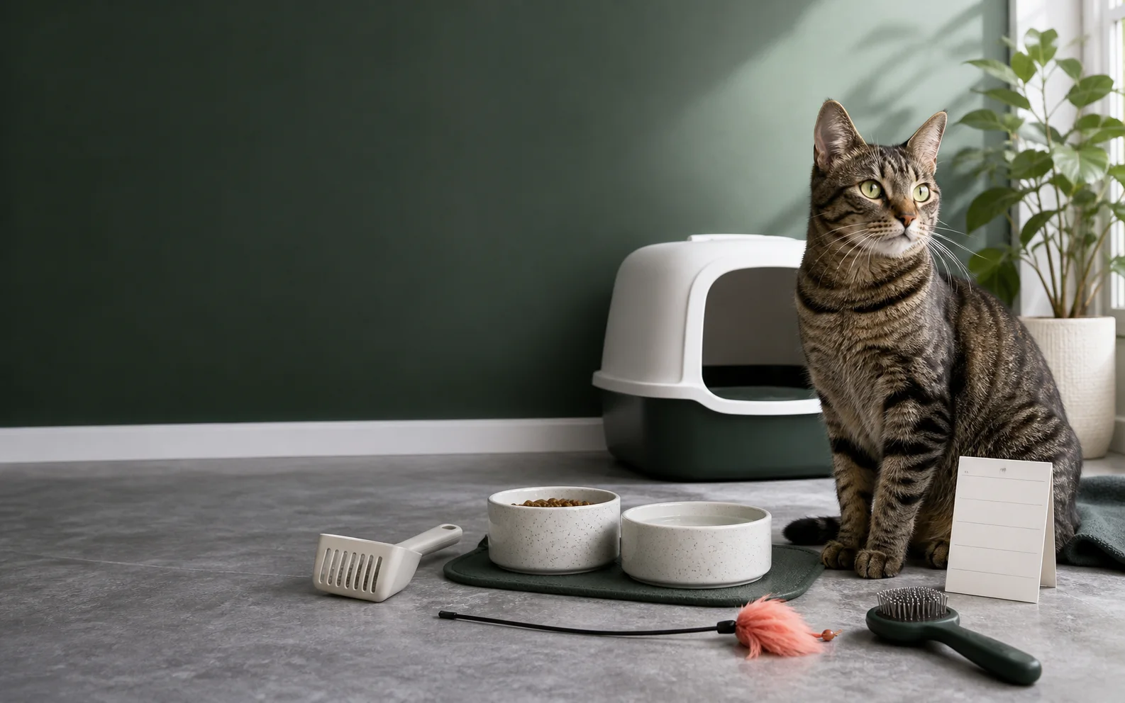 A tabby cat beside food and water bowls, a litter scoop, toy, grooming brush, and blank schedule.