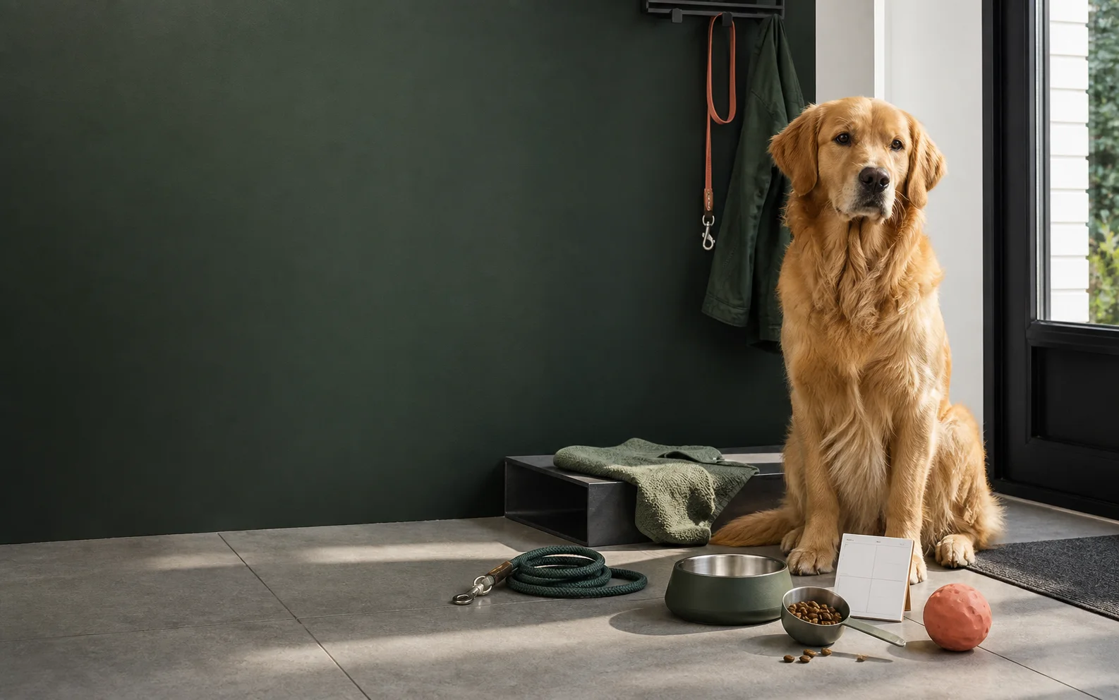 A golden retriever beside a lead, food scoop, water bowl, toy, towel, and blank daily schedule.