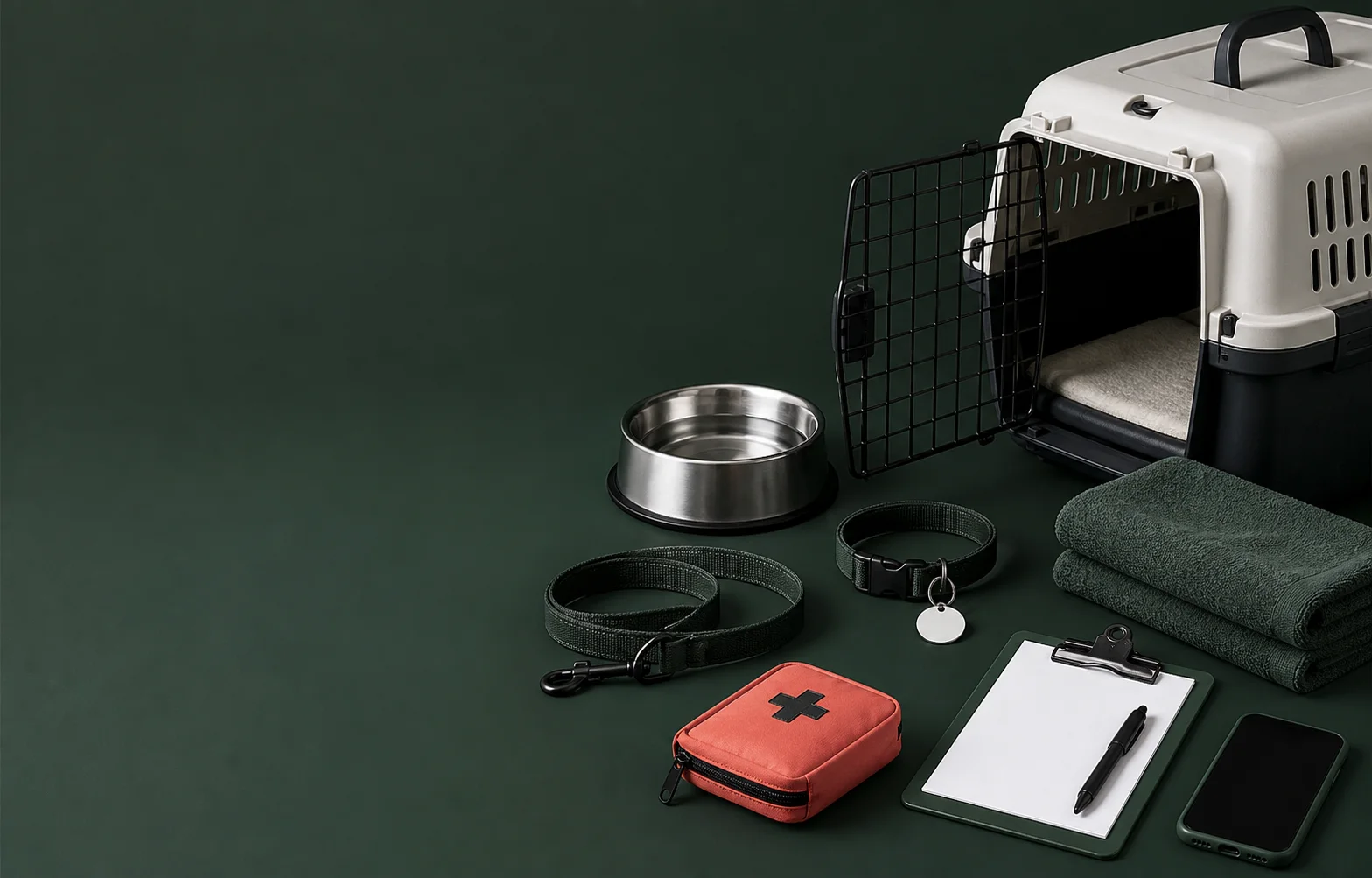 An organized pet care kit with a carrier, collar, lead, water, towel, phone, and blank record card.