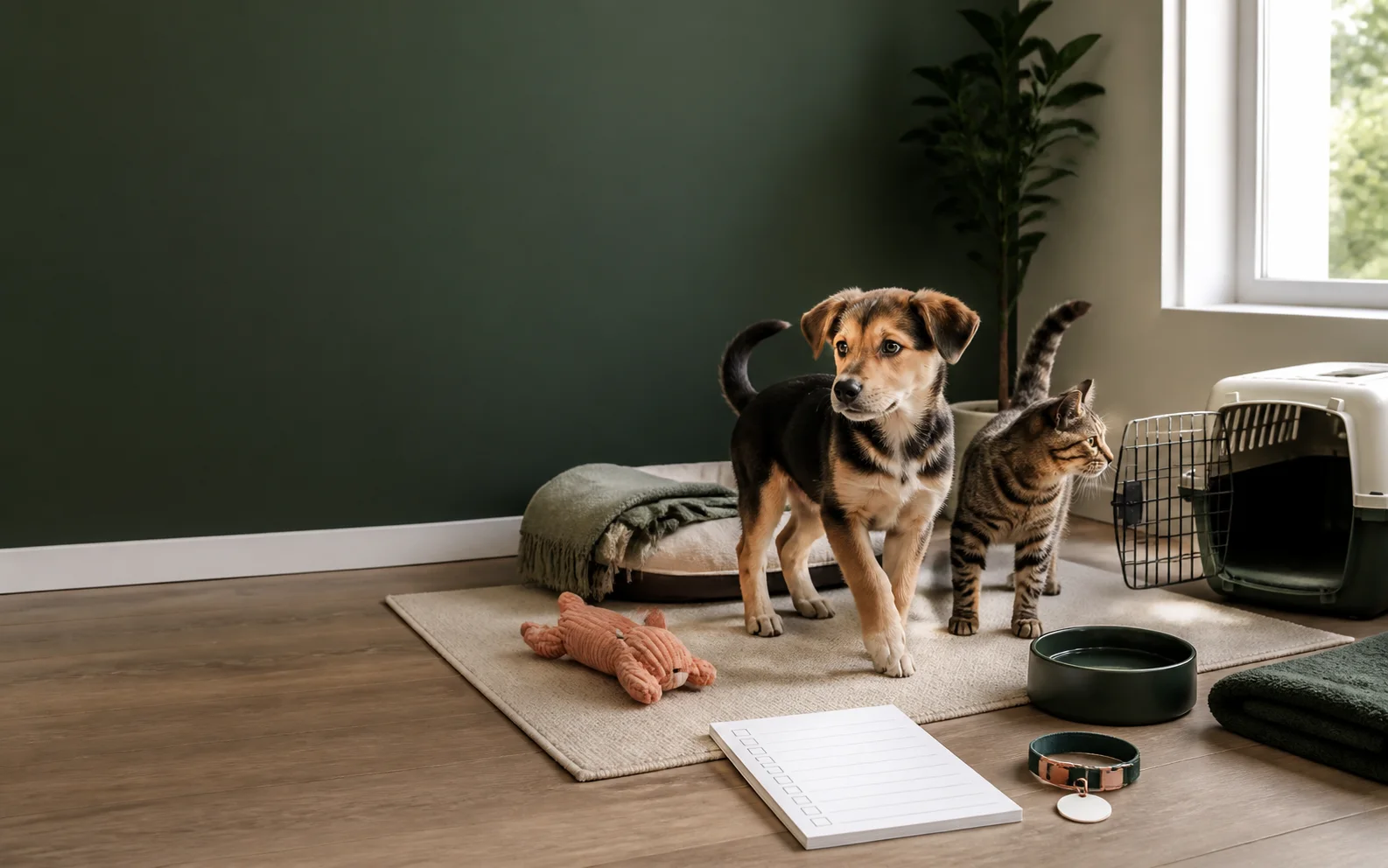 A young puppy and tabby cat exploring a calm room prepared with a bed, carrier, water, and first-week checklist.