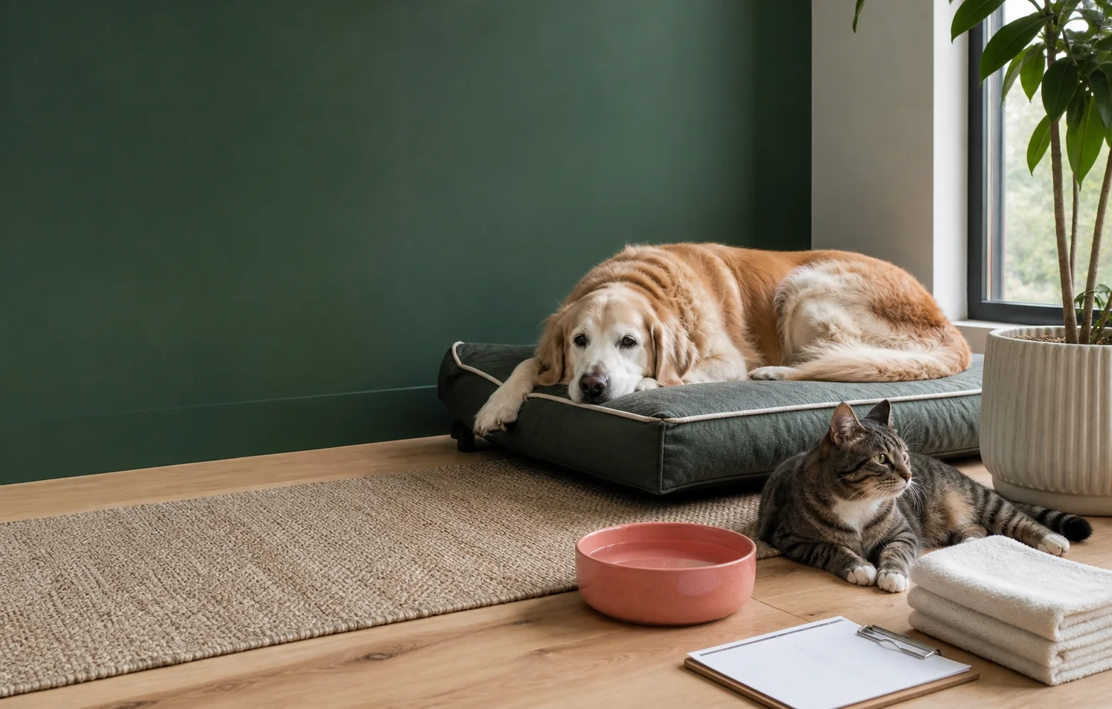 A senior dog beside organized pet care supplies and a blank daily record.