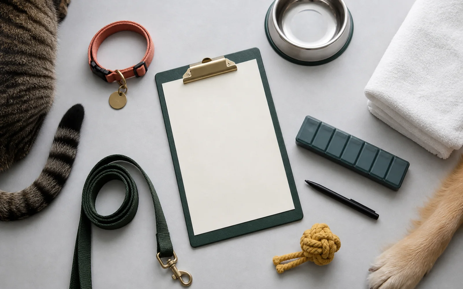Clipboard beside organized pet care supplies for a caregiver update.