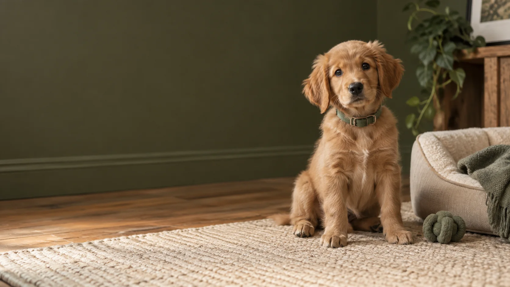 A young puppy beside its bed at home.