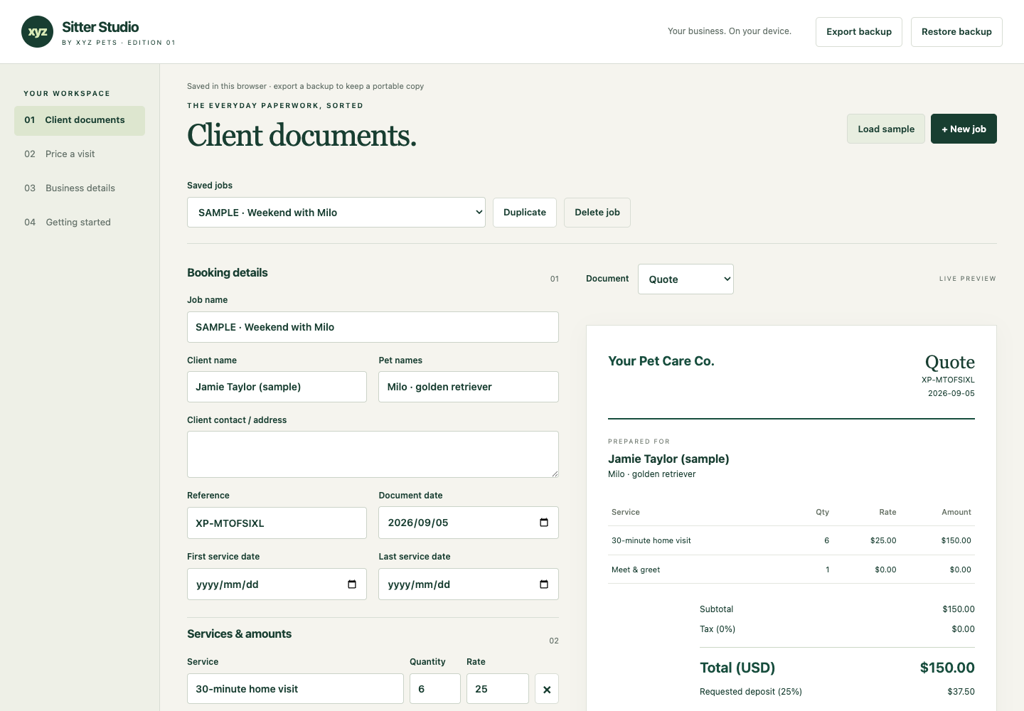 The real Sitter Studio workspace showing a sample pet sitting quote, editable service lines, and document export controls.