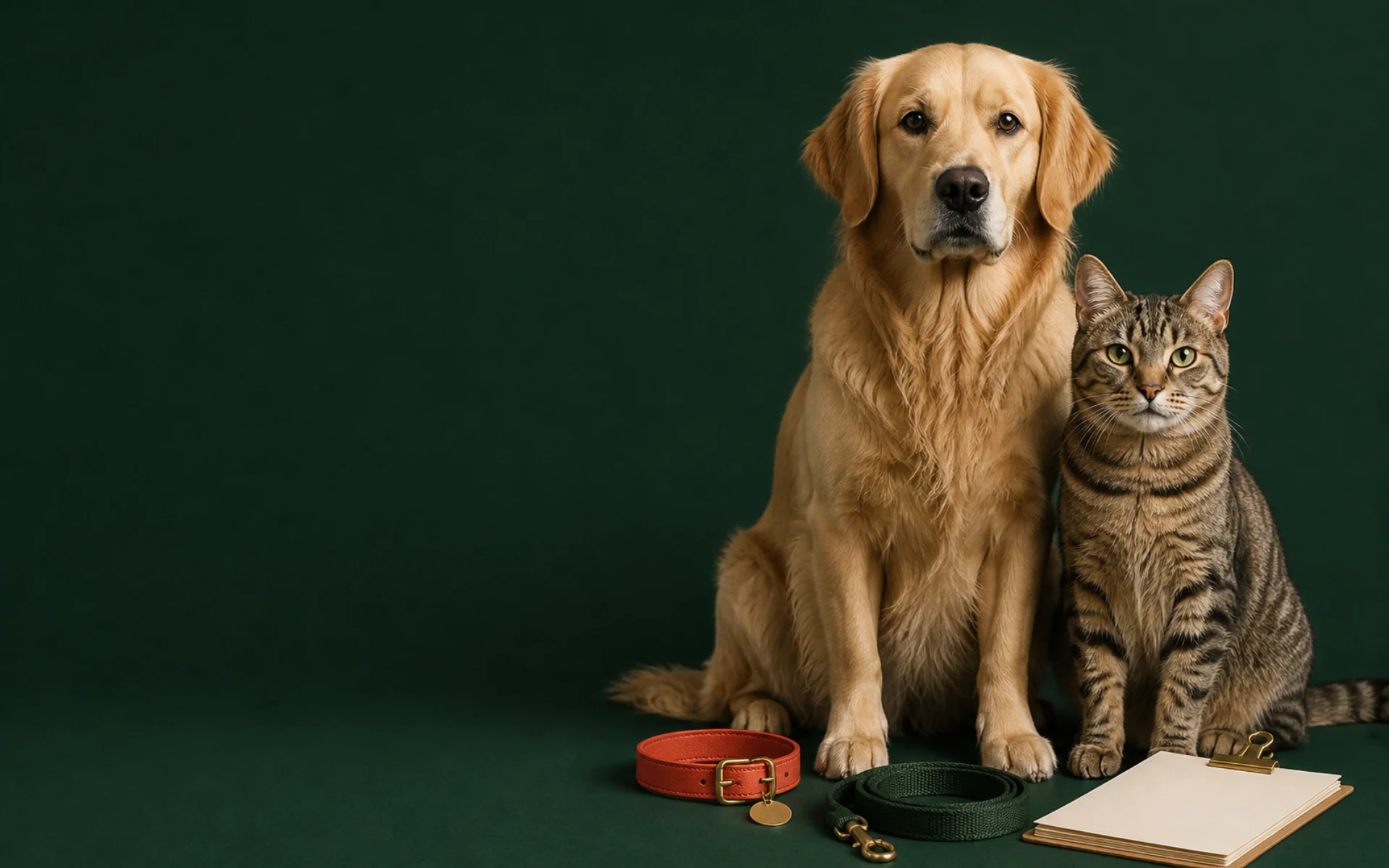 A golden retriever and tabby cat beside a prepared pet care handoff kit.